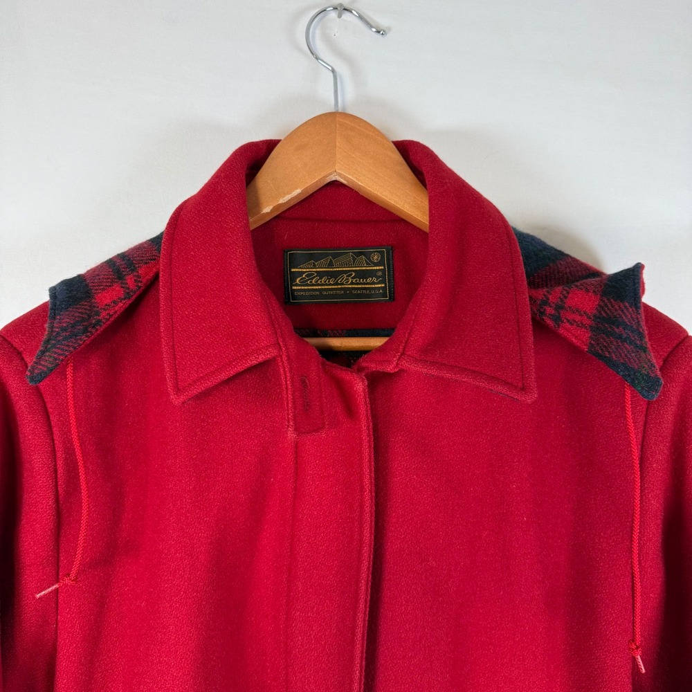 Eddie Bauer Red Wool Blend Plaid Lined Removable Hooded Jacket Size‎ 15 16 Large - Picture 2 of 13